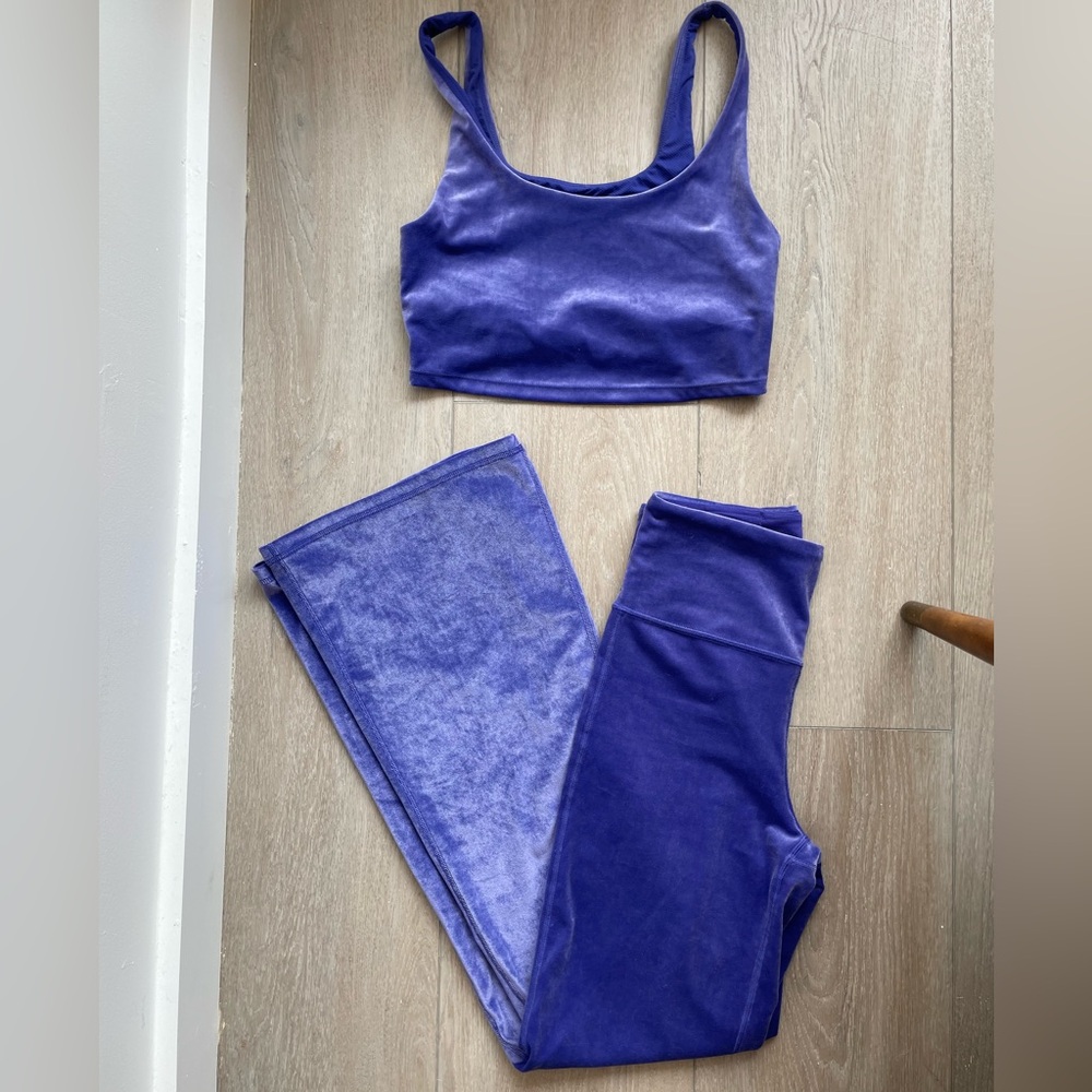 NWOT Indigo Athleta Elation High Rise Bellbottom Pants + Bra Velvet Coord Set